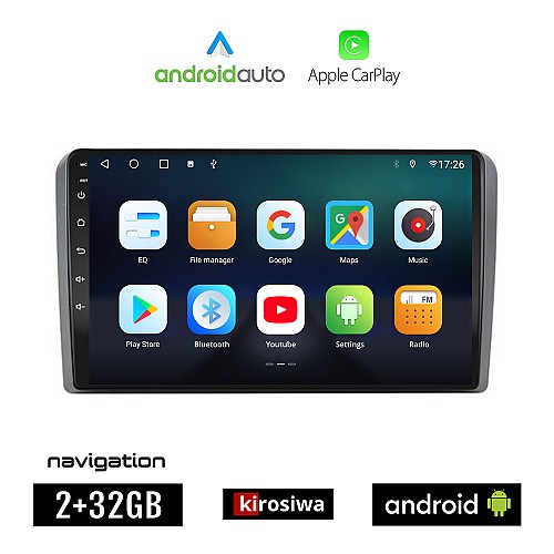 KIROSIWA AUDI A3 (2003-2012) Android οθόνη αυτοκίνητου 2GB με GPS WI-FI (ηχοσύστημα αφής 9" ιντσών OEM Android Auto Apple Carplay Youtube Playstore MP3 USB Radio Bluetooth Mirrorlink Α3 εργοστασιακή, 4x60W, AUX)