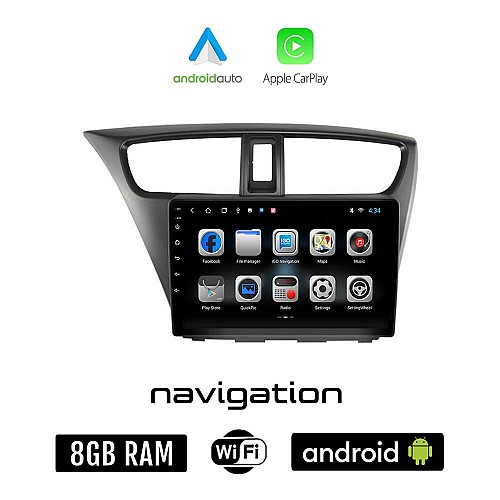 HONDA CIVIC (2012 - 2016) Android οθόνη αυτοκίνητου 8GB + 128GB με GPS WI-FI (ηχοσύστημα αφής 9" ιντσών OEM Android Auto Apple Carplay Youtube Playstore MP3 USB Radio Bluetooth Mirrorlink εργοστασιακή, 4x60W)