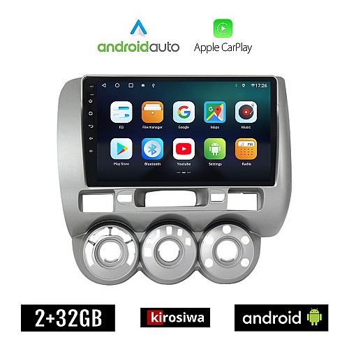 KIROSIWA HONDA JAZZ 2002-2008 Android οθόνη αυτοκίνητου 2GB με GPS WI-FI (ηχοσύστημα αφής 9" ιντσών OEM Android Auto Apple Carplay Youtube Playstore MP3 USB Radio Bluetooth Mirrorlink εργοστασιακή, 4x60W, AUX)