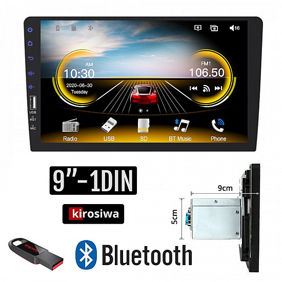 Οθόνη αφής 9" ιντσών 1-DIN Kirosiwa με USB Bluetooth Mirrorlink (multimedia MP3 MP5 ηχοσύστημα αυτοκινήτου Ελληνικό μενού 1 DIN 1DIN universal 4x60 Watt) SX-1236