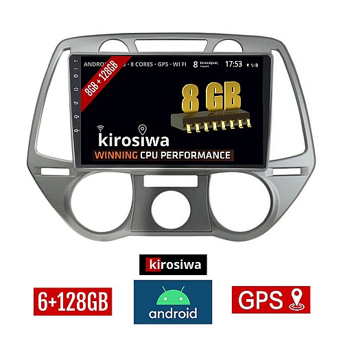 KIROSIWA 8GB + 128GB HYUNDAI i20 (2008 - 2013) Android οθόνη αυτοκίνητου με GPS WI-FI (ηχοσύστημα αφής 9" ιντσών OEM Youtube MP3 USB Radio Bluetooth Mirrorlink DSP Apple Carplay Android Auto 4G Sim Card 4x60W) DX-1237