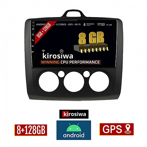 KIROSIWA 8GB + 128GB FORD FOCUS (2005 - 2011) *Με χειροκίνητο κλιματισμό Android οθόνη αυτοκίνητου με GPS WI-FI (ηχοσύστημα αφής 9" ιντσών OEM Youtube USB Radio Bluetooth Mirrorlink DSP Apple Carplay Android Auto 4G Sim Card 4x60W, μαύρο) MX-326