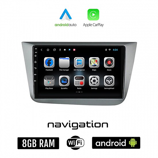 SEAT TOLEDO (2004-2009) Android οθόνη αυτοκίνητου 8GB + 128GB με GPS WI-FI (ηχοσύστημα αφής 9" ιντσών OEM Android Auto Apple Carplay Youtube Playstore MP3 USB Radio Bluetooth Mirrorlink εργοστασιακή, 4x60W, ασημί)