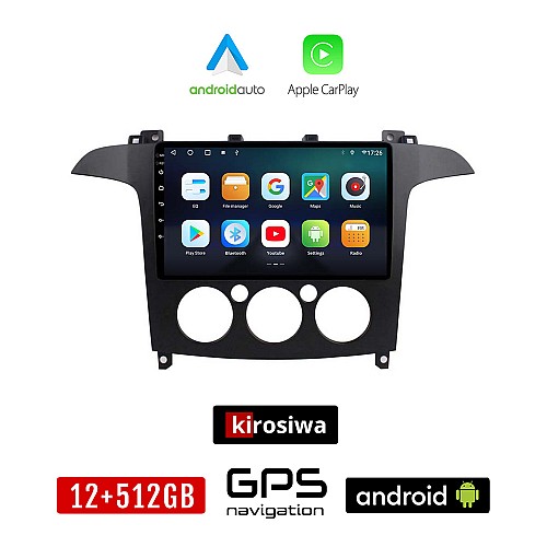KIROSIWA FORD S-MAX 2006 - 2014 (με χειροκίνητο κλιματισμό) Android οθόνη αυτοκίνητου 12GB + 512GB με GPS WI-FI (ηχοσύστημα αφής 9" ιντσών OEM Android Auto Apple Carplay Youtube Playstore MP3 USB Radio Bluetooth Mirrorlink εργοστασιακή, 4x60W)