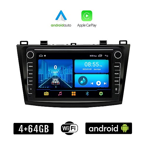 MAZDA 3 (2009 - 2015) Android οθόνη αυτοκίνητου 4+64GB με GPS WI-FI (ηχοσύστημα αφής 8" ιντσών 4GB CarPlay Android Auto Car Play Youtube Playstore MP3 USB Radio Bluetooth Mirrorlink εργοστασιακή, 4x60W, Navi)