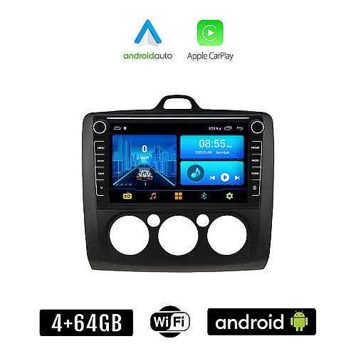 FORD FOCUS (2005 - 2011 με χειροκίνητο κλιματισμό) Android οθόνη αυτοκίνητου 4+64GB με GPS WI-FI (ηχοσύστημα αφής 8" ιντσών 4GB CarPlay Android Auto Car Play Youtube Playstore MP3 USB Radio Bluetooth εργοστασιακή 4x60W Navi μαύρο)