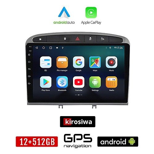 KIROSIWA PEUGEOT 308 (2007 - 2012) Android οθόνη αυτοκίνητου 12GB + 512GB με GPS WI-FI (ηχοσύστημα αφής 9" ιντσών OEM Android Auto Apple Carplay Youtube Playstore MP3 USB Radio Bluetooth Mirrorlink εργοστασιακή, 4x60W, AUX)
