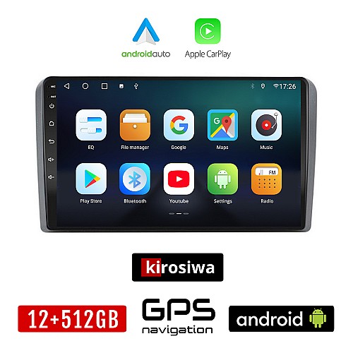 KIROSIWA AUDI A3 (2003-2012) Android οθόνη αυτοκίνητου 12GB + 512GB με GPS WI-FI (ηχοσύστημα αφής 9" ιντσών OEM Android Auto Apple Carplay Youtube Playstore MP3 USB Radio Bluetooth Mirrorlink Α3 εργοστασιακή, 4x60W, AUX)