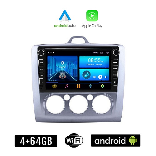FORD FOCUS (2005 - 2011 με χειροκίνητο κλιματισμό) Android οθόνη αυτοκίνητου 4+64GB με GPS WI-FI (ηχοσύστημα αφής 8" ιντσών 4GB CarPlay Android Auto Car Play Youtube Playstore MP3 USB Radio Bluetooth εργοστασιακή 4x60W Navi)
