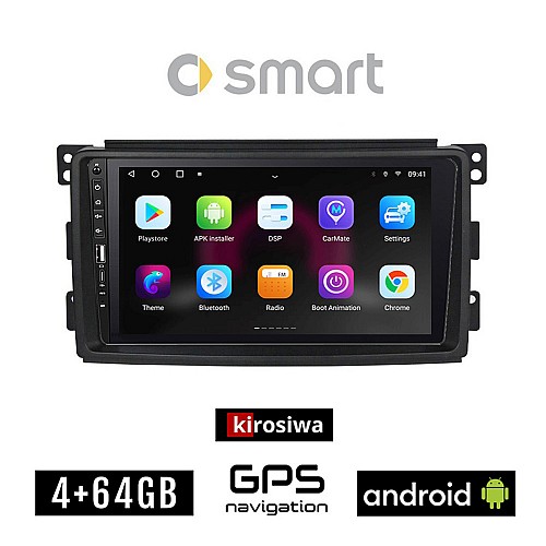 SMART 451 (2007-2010) Android οθόνη αυτοκίνητου 4GB με GPS WI-FI (ηχοσύστημα αφής 9" ιντσών OEM Youtube Playstore MP3 USB Bluetooth Mirrorlink fortwo 4x60W Radio)