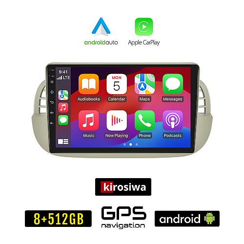 KIROSIWA FIAT 500 (2008 - 2015) Android οθόνη αυτοκίνητου 8GB + 256GB με GPS WI-FI (ηχοσύστημα αφής 9" ιντσών OEM Android Auto Apple Carplay Youtube Playstore MP3 USB Radio Bluetooth Mirrorlink εργοστασιακή, 4x60W, AUX, άσπρη)