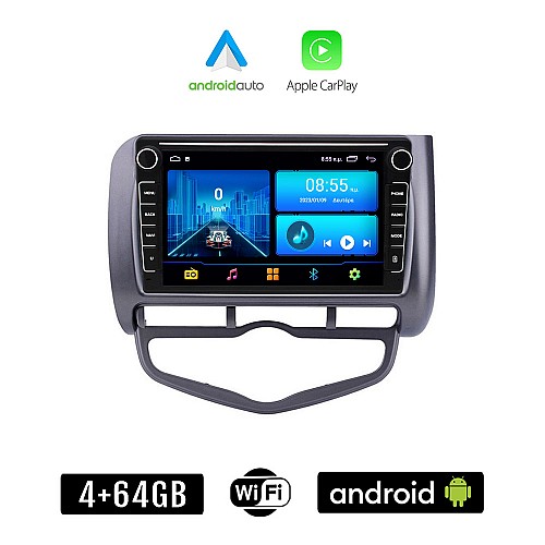 HONDA JAZZ (2002-2008) CLIMA Android οθόνη αυτοκίνητου 4+64GB με GPS WI-FI (ηχοσύστημα αφής 8" ιντσών 4GB CarPlay Android Auto Car Play Youtube Playstore MP3 USB Radio Bluetooth Mirrorlink εργοστασιακή, 4x60W, Navi)
