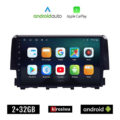 KIROSIWA HONDA CIVIC (μετά το 2016) Android οθόνη αυτοκίνητου 2GB με GPS WI-FI (ηχοσύστημα αφής 9" ιντσών OEM Android Auto Apple Carplay Youtube Playstore MP3 USB Radio Bluetooth Mirrorlink εργοστασιακή, 4x60W, AUX)