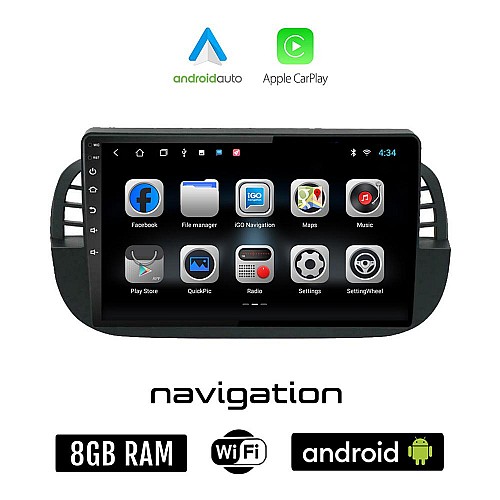 FIAT 500 (2008 - 2015) Android οθόνη αυτοκίνητου 8GB + 128GB με GPS WI-FI (ηχοσύστημα αφής 9" ιντσών OEM Android Auto Apple Carplay Youtube Playstore MP3 USB Radio Bluetooth Mirrorlink εργοστασιακή, 4x60W, μαύρη)