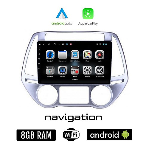 HYUNDAI i20 (2008 - 2013) *με αυτόματο κλιματισμό Android οθόνη αυτοκίνητου 8GB + 128GB με GPS WI-FI (ηχοσύστημα αφής 9" ιντσών OEM Android Auto Apple Carplay Youtube MP3 USB Bluetooth εργοστασιακή, 4x60W)