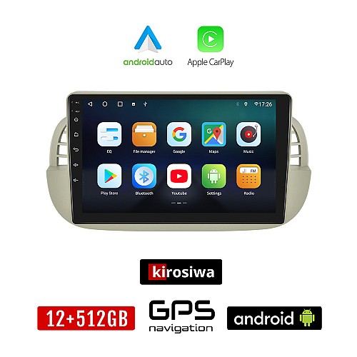 KIROSIWA FIAT 500 (2008 - 2015) Android οθόνη αυτοκίνητου 12GB + 512GB με GPS WI-FI (ηχοσύστημα αφής 9" ιντσών OEM Android Auto Apple Carplay Youtube Playstore MP3 USB Radio Bluetooth Mirrorlink εργοστασιακή, 4x60W, AUX, άσπρη)