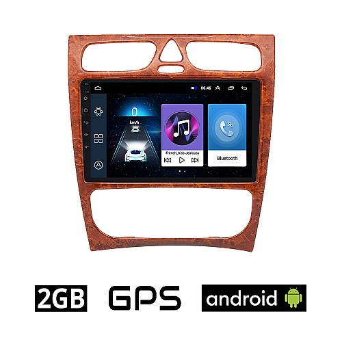 MERCEDES C (W203) 1999-2004 Android οθόνη αυτοκίνητου 2GB με GPS WI-FI (ηχοσύστημα αφής 9" ιντσών OEM Youtube Playstore MP3 USB Radio Bluetooth Mirrorlink εργοστασιακή, 4x60W, ξύλο, Benz, χρώμα ξύλου)
