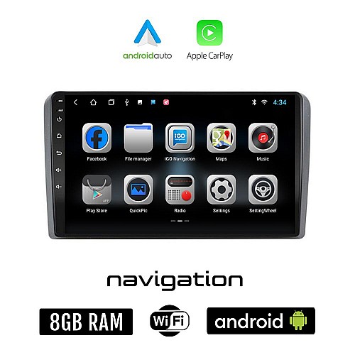 AUDI A3 (2003-2012) Android οθόνη αυτοκίνητου 8GB + 128GB με GPS WI-FI (ηχοσύστημα αφής 9" ιντσών OEM Android Auto Apple Carplay Youtube Playstore MP3 USB Radio Bluetooth Mirrorlink Α3 εργοστασιακή, 4x60W)
