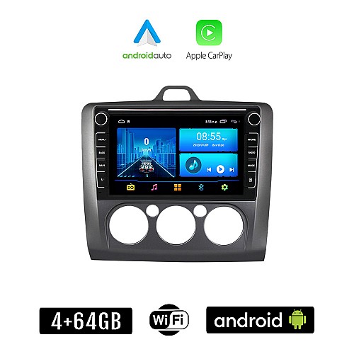 FORD FOCUS (2005 - 2011 με χειροκίνητο κλιματισμό) Android οθόνη αυτοκίνητου 4+64GB με GPS WI-FI (ηχοσύστημα αφής 8" ιντσών 4GB CarPlay Android Auto Car Play Youtube Playstore MP3 USB Radio Bluetooth εργοστασιακή 4x60W Navi grey, γκρί)