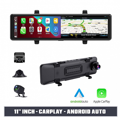 Καθρέφτης αυτοκινήτου με  ασύρματο Apple CarPlay και Android Auto, οθόνη αφής 11" ιντσών, Bluetooth (Google Maps Youtube DVR microSD καταγραφικό σύστημα καθρέπτης usb HD MP5 video refurbished) REF38