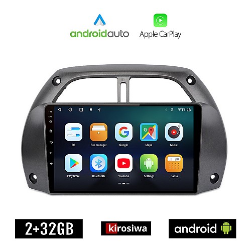 KIROSIWA TOYOTA RAV 4 (2000-2006) Android οθόνη αυτοκίνητου 2GB με GPS WI-FI (ηχοσύστημα αφής 9" ιντσών OEM Android Auto Apple Carplay Youtube Playstore MP3 USB Radio Bluetooth Mirrorlink εργοστασιακή, 4x60W, AUX)