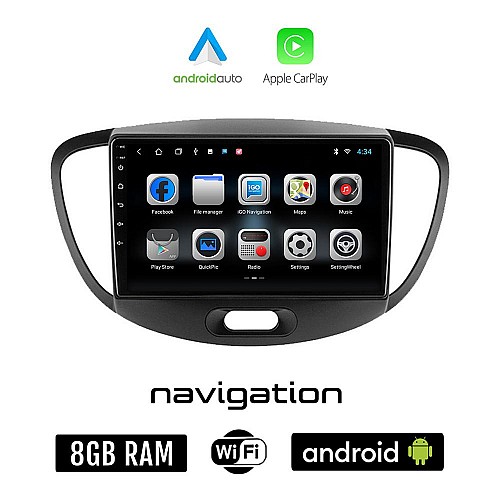 HYUNDAI i10 (2008 - 2013) Android οθόνη αυτοκίνητου 8GB + 128GB με GPS WI-FI (ηχοσύστημα αφής 9" ιντσών OEM Android Auto Apple Carplay Youtube Playstore MP3 USB Radio Bluetooth Mirrorlink εργοστασιακή, 4x60W)