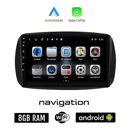 SMART 453 (μετά το 2016) Android οθόνη αυτοκίνητου 8GB + 128GB με GPS WI-FI (ηχοσύστημα αφής 9" ιντσών FORTWO OEM Android Auto Apple Carplay Youtube Playstore MP3 USB Radio Bluetooth Mirrorlink εργοστασιακή, 4x60W)