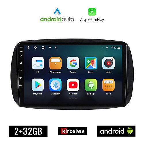 KIROSIWA SMART 453 (μετά το 2016) Android οθόνη αυτοκίνητου 2GB με GPS WI-FI (ηχοσύστημα αφής 9" ιντσών FORTWO OEM Android Auto Apple Carplay Youtube Playstore MP3 USB Radio Bluetooth Mirrorlink εργοστασιακή, AUX, 4x60W)