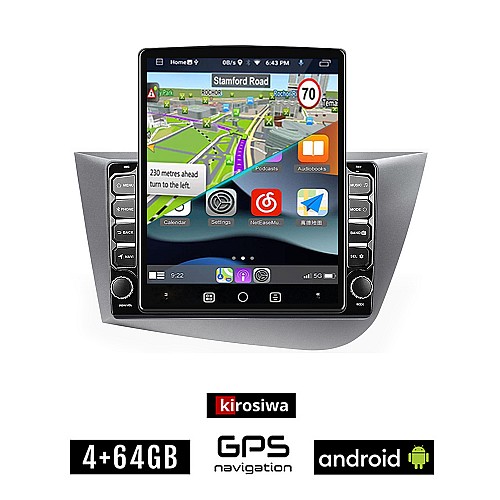 KIROSIWA SEAT LEON (2005-2011) Android οθόνη αυτοκίνητου 4GB με GPS WI-FI (ηχοσύστημα αφής 9.7" ιντσών OEM Youtube Playstore MP3 USB Radio 4+64GB Bluetooth Mirrorlink εργοστασιακή, 4x60W, ασημί)