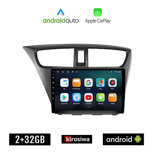 KIROSIWA HONDA CIVIC (2012 - 2016) Android οθόνη αυτοκίνητου 2GB με GPS WI-FI (ηχοσύστημα αφής 9" ιντσών OEM Android Auto Apple Carplay Youtube Playstore MP3 USB Radio Bluetooth Mirrorlink εργοστασιακή, 4x60W, AUX)
