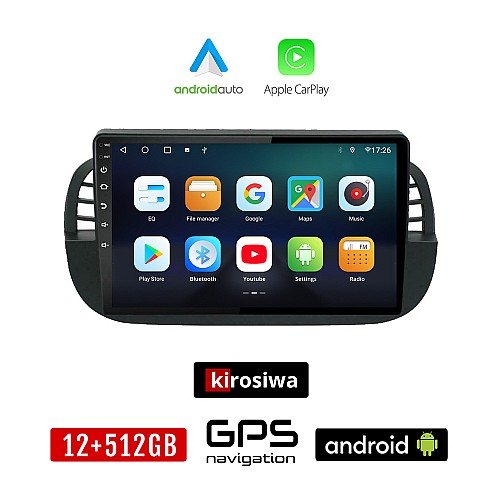 KIROSIWA FIAT 500 (2008 - 2015) Android οθόνη αυτοκίνητου 12GB + 512GB με GPS WI-FI (ηχοσύστημα αφής 9" ιντσών OEM Android Auto Apple Carplay Youtube Playstore MP3 USB Radio Bluetooth Mirrorlink εργοστασιακή, 4x60W, AUX, μαύρη)