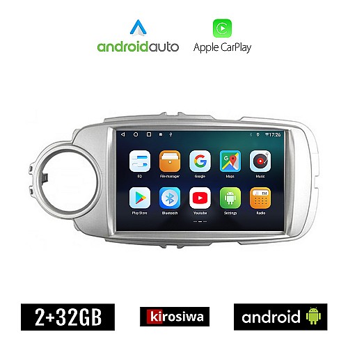 KIROSIWA TOYOTA YARIS (2011 - 2020) Android οθόνη αυτοκίνητου 2GB με GPS WI-FI (ηχοσύστημα αφής 9" ιντσών OEM Android Auto Apple Carplay Youtube Playstore MP3 USB Radio Bluetooth Mirrorlink εργοστασιακή, ασημί, 4 x 60W, AUX)
