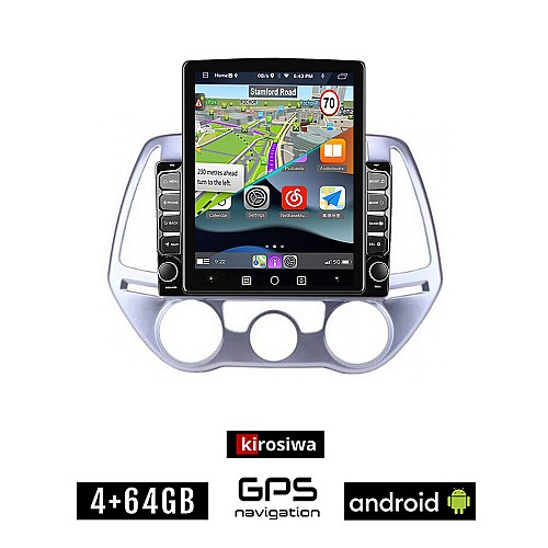 KIROSIWA HYUNDAI i20 (2008 - 2013) *με χειροκινητο κλιματισμό Android οθόνη αυτοκίνητου 4GB με GPS WI-FI (ηχοσύστημα αφής 9.7" ιντσών OEM Youtube Playstore MP3 USB Radio 4+64GB Bluetooth εργοστασιακή, 4x60W)