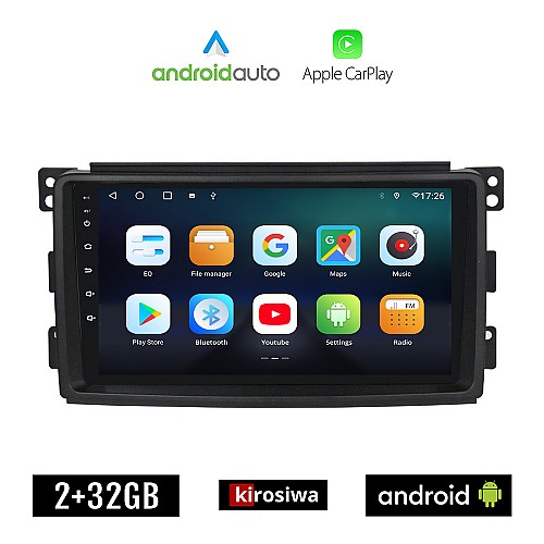 KIROSIWA SMART 451 (2007-2010) Android οθόνη αυτοκίνητου 2GB με GPS WI-FI (ηχοσύστημα αφής 9" ιντσών OEM Android Auto Apple Carplay Youtube Playstore MP3 USB Bluetooth Mirrorlink fortwo 4x60W Radio)