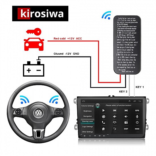 Kirosiwa ασύρματο χειριστήριο τιμονιού (αυτοκινήτου Bluetooth oem universal οθόνες radio αμαξιού 1 2 DIN BT επαναφορτιζόμενο ΒΤ μουσική κλήσεις τηλέφωνο) CR-1353