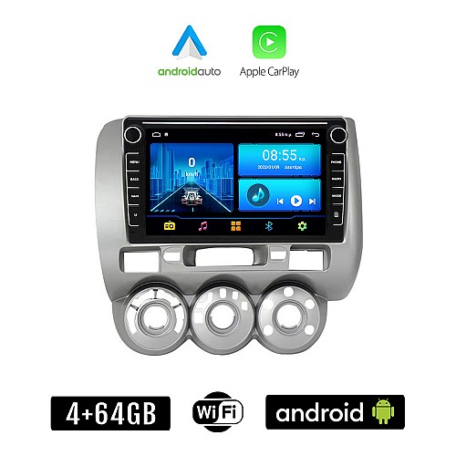 HONDA JAZZ 2002-2008 Android οθόνη αυτοκίνητου 4+64GB με GPS WI-FI (ηχοσύστημα αφής 8" ιντσών 4GB CarPlay Android Auto Car Play Youtube Playstore MP3 USB Radio Bluetooth Mirrorlink εργοστασιακή, 4x60W, Navi)