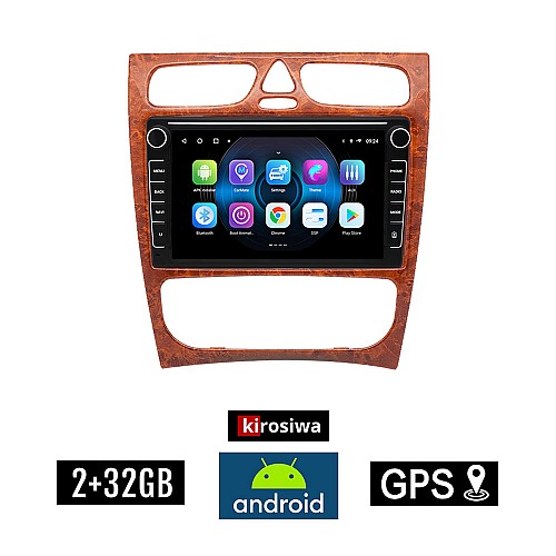 MERCEDES C (W203) 1999-2004 Android οθόνη αυτοκίνητου 2GB με GPS WI-FI (ηχοσύστημα αφής 8" ιντσών Youtube Playstore MP3 USB Radio Bluetooth Mirrorlink εργοστασιακή, 4x60W, ξύλο, Benz, χρώμα ξύλου)