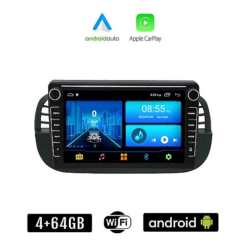 FIAT 500 (2008 - 2015) Android οθόνη αυτοκίνητου 4+64GB με GPS WI-FI (ηχοσύστημα αφής 8" ιντσών 4GB CarPlay Android Auto Car Play Youtube Playstore MP3 USB Radio Bluetooth Mirrorlink εργοστασιακή, 4x60W, Navi, μαύρη)
