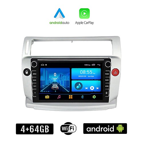 CITROEN C4 (2004 - 2010) Android οθόνη αυτοκίνητου 4+64GB με GPS WI-FI (ηχοσύστημα αφής 8" ιντσών 4GB CarPlay Android Auto Car Play Youtube Playstore MP3 USB Radio Bluetooth Mirrorlink εργοστασιακή, 4x60W, Navi)