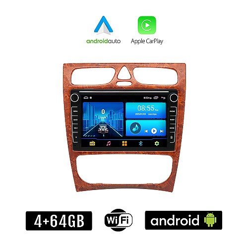 MERCEDES C (W203) 1999-2004 Android οθόνη αυτοκίνητου 4+64GB με GPS WI-FI (ηχοσύστημα αφής 8" ιντσών 4GB CarPlay Android Auto Car Play Youtube Playstore MP3 USB Radio Bluetooth Mirrorlink εργοστασιακή, 4x60W, ξύλο, Benz, χρώμα ξύλου)