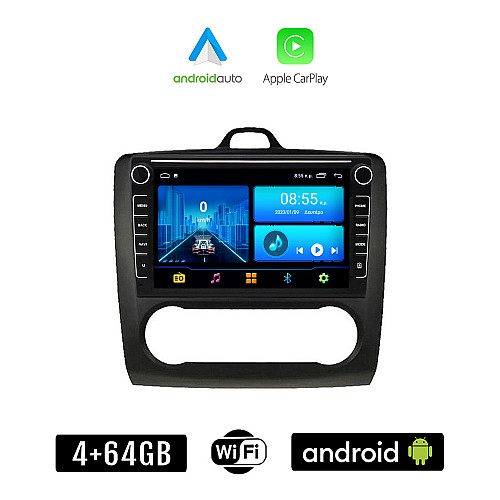 FORD FOCUS (2005 - 2011 με αυτόματο κλιματισμό) Android οθόνη αυτοκίνητου 4+64GB με GPS WI-FI (ηχοσύστημα αφής 8" ιντσών 4GB CarPlay Android Auto Car Play Youtube Playstore MP3 USB Radio Bluetooth εργοστασιακή 4x60W Navi μαύρο)