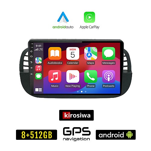 KIROSIWA FIAT 500 (2008 - 2015) Android οθόνη αυτοκίνητου 8GB + 256GB με GPS WI-FI (ηχοσύστημα αφής 9" ιντσών OEM Android Auto Apple Carplay Youtube Playstore MP3 USB Radio Bluetooth Mirrorlink εργοστασιακή, 4x60W, AUX, μαύρη)