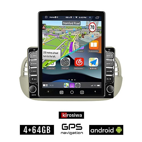 KIROSIWA FIAT 500 (2008 - 2015) Android οθόνη αυτοκίνητου 4GB με GPS WI-FI (ηχοσύστημα αφής 9.7" ιντσών OEM Youtube Playstore MP3 USB Radio 4+64GB Bluetooth Mirrorlink εργοστασιακή, 4x60W, AUX, άσπρη)