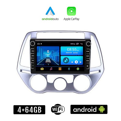 HYUNDAI i20 (2008 - 2013 με χειροκινητο κλιματισμό) Android οθόνη αυτοκίνητου 4+64GB με GPS WI-FI (ηχοσύστημα αφής 8" ιντσών 4GB CarPlay Android Auto Car Play Youtube Playstore MP3 USB Radio Bluetooth εργοστασιακή 4x60W Navi)