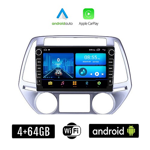 HYUNDAI i20 (2008 - 2013 με αυτόματο κλιματισμό) Android οθόνη αυτοκίνητου 4+64GB με GPS WI-FI (ηχοσύστημα αφής 8" ιντσών 4GB CarPlay Android Auto Car Play Youtube Playstore MP3 USB Radio Bluetooth εργοστασιακή 4x60W Navi)