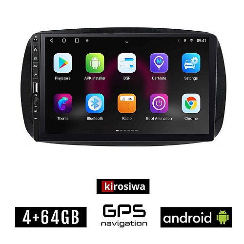 SMART 453 (μετά το 2016) Android οθόνη αυτοκίνητου 4GB με GPS WI-FI (ηχοσύστημα αφής 9" ιντσών FORTWO OEM Youtube Playstore MP3 USB Radio Bluetooth Mirrorlink εργοστασιακή, Navi, 4x60W)