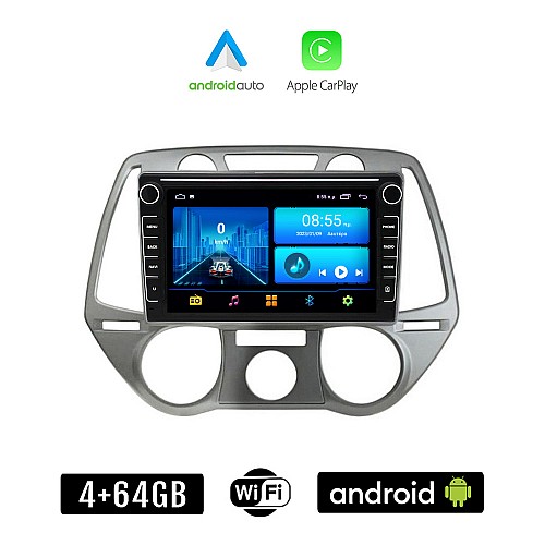 HYUNDAI i20 (2008 - 2013) Android οθόνη αυτοκίνητου 4+64GB με GPS WI-FI (ηχοσύστημα αφής 8" ιντσών 4GB CarPlay Android Auto Car Play Youtube Playstore MP3 USB Radio Bluetooth Mirrorlink εργοστασιακή, 4x60W, Navi)