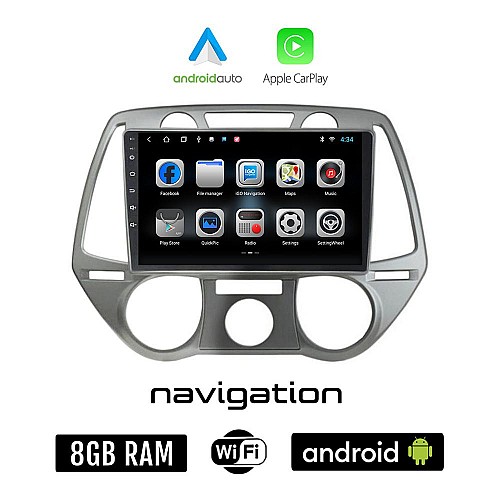 HYUNDAI i20 (2008 - 2013) Android οθόνη αυτοκίνητου 8GB + 128GB με GPS WI-FI (ηχοσύστημα αφής 9" ιντσών OEM Android Auto Apple Carplay Youtube Playstore MP3 USB Radio Bluetooth Mirrorlink εργοστασιακή, 4x60W)