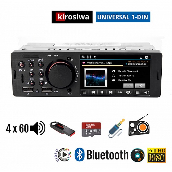 Radio-USB αυτοκινήτου Kirosiwa με οθόνη 4" ιντσών Bluetooth MP3 Video 1-DIN (ράδιο DIN multimedia ανοιχτή ακρόαση ιντσών 4x60W MP5 microSD universal) KLS-8116