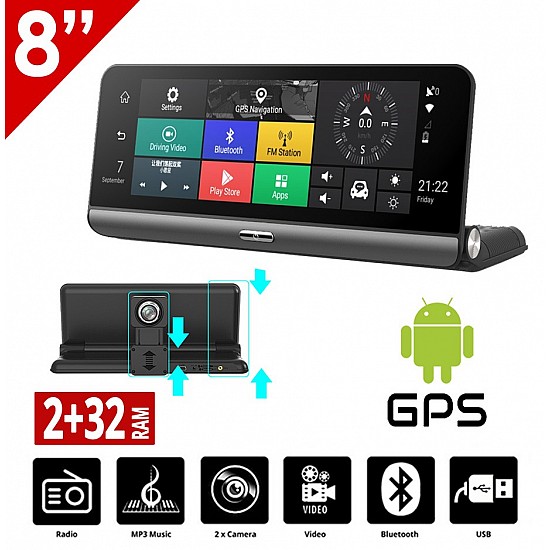 Android GPS Station 8" ιντσών για το ταμπλό του αυτοκινήτου (2GB WI-FI Playstore USB Youtube DVR καταγραφικό οθόνη Ελληνικός πλοηγός GPS Bluetooth Mirrorlink Universal 4x60W ηχοσύστημα ραδιόφωνο) TM421